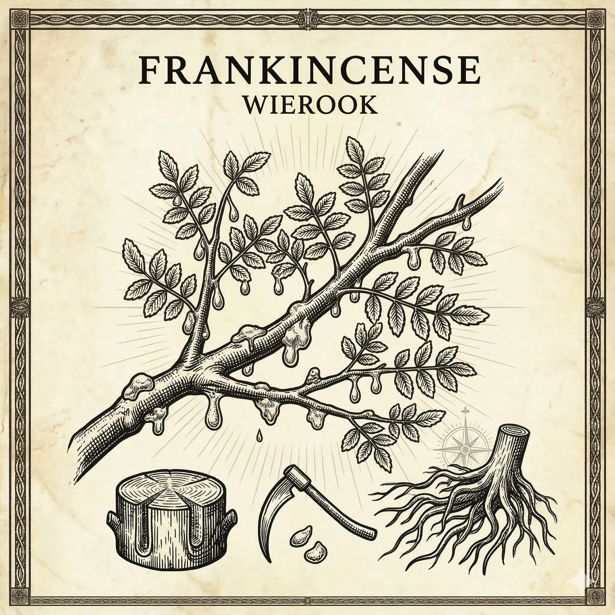 Botanische gravure van Boswellia sacra — frankincense als solaire remedie in de klassieke medische astrologie
