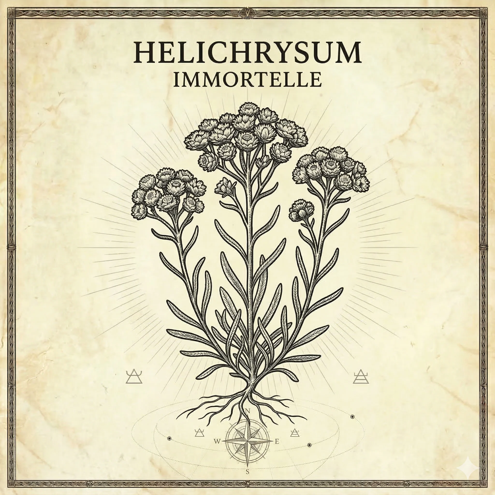Botanische gravure van helichrysum — karmische olie voor wondgenezing en Venus