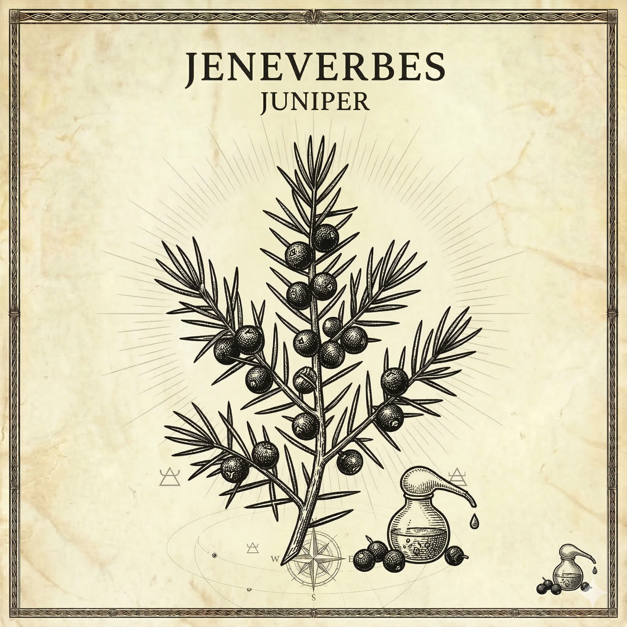 Botanische gravure van jeneverbes — karmische olie voor reiniging en Mars