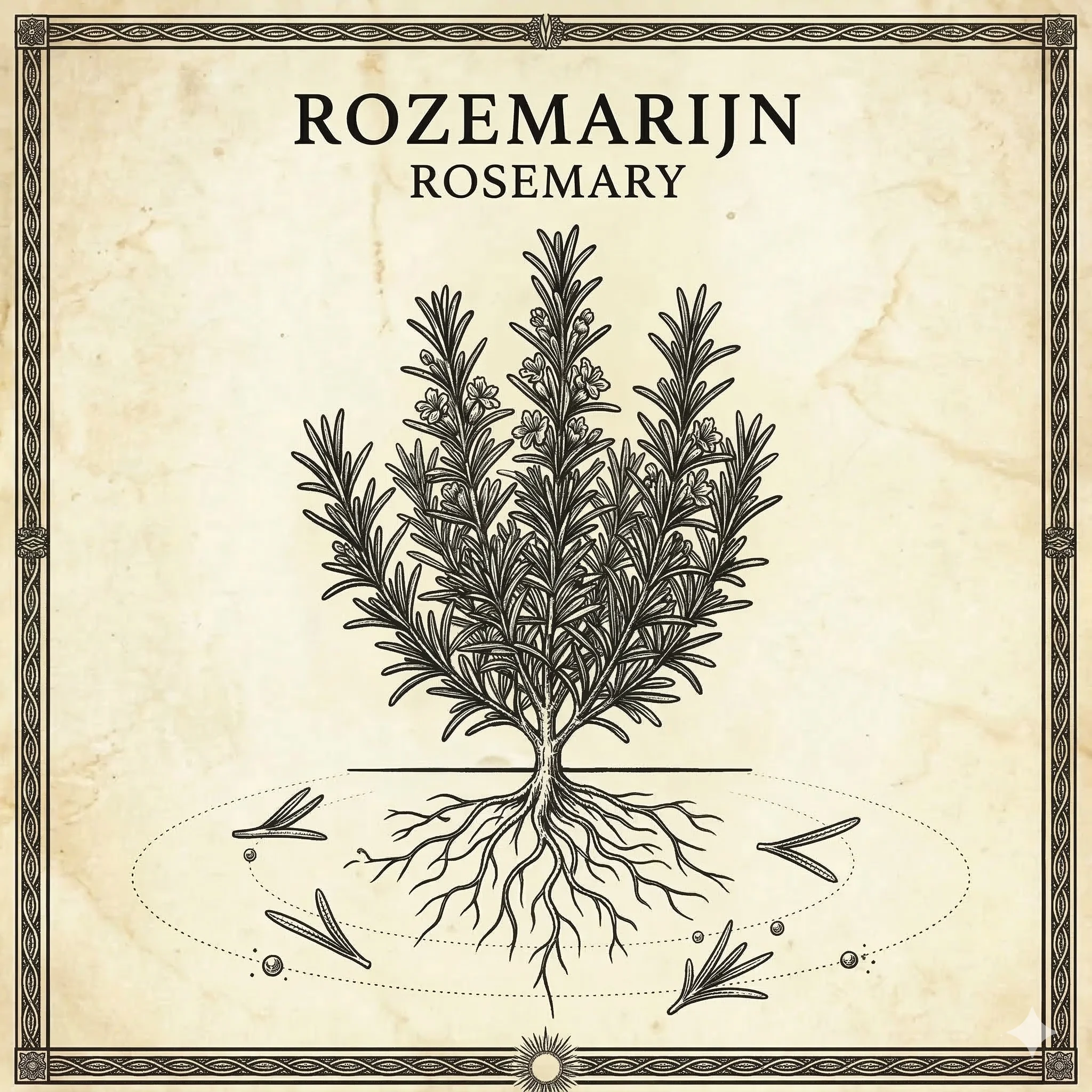 Botanische gravure van rozemarijn — karmische olie voor Mercurius en het zenuwstelsel