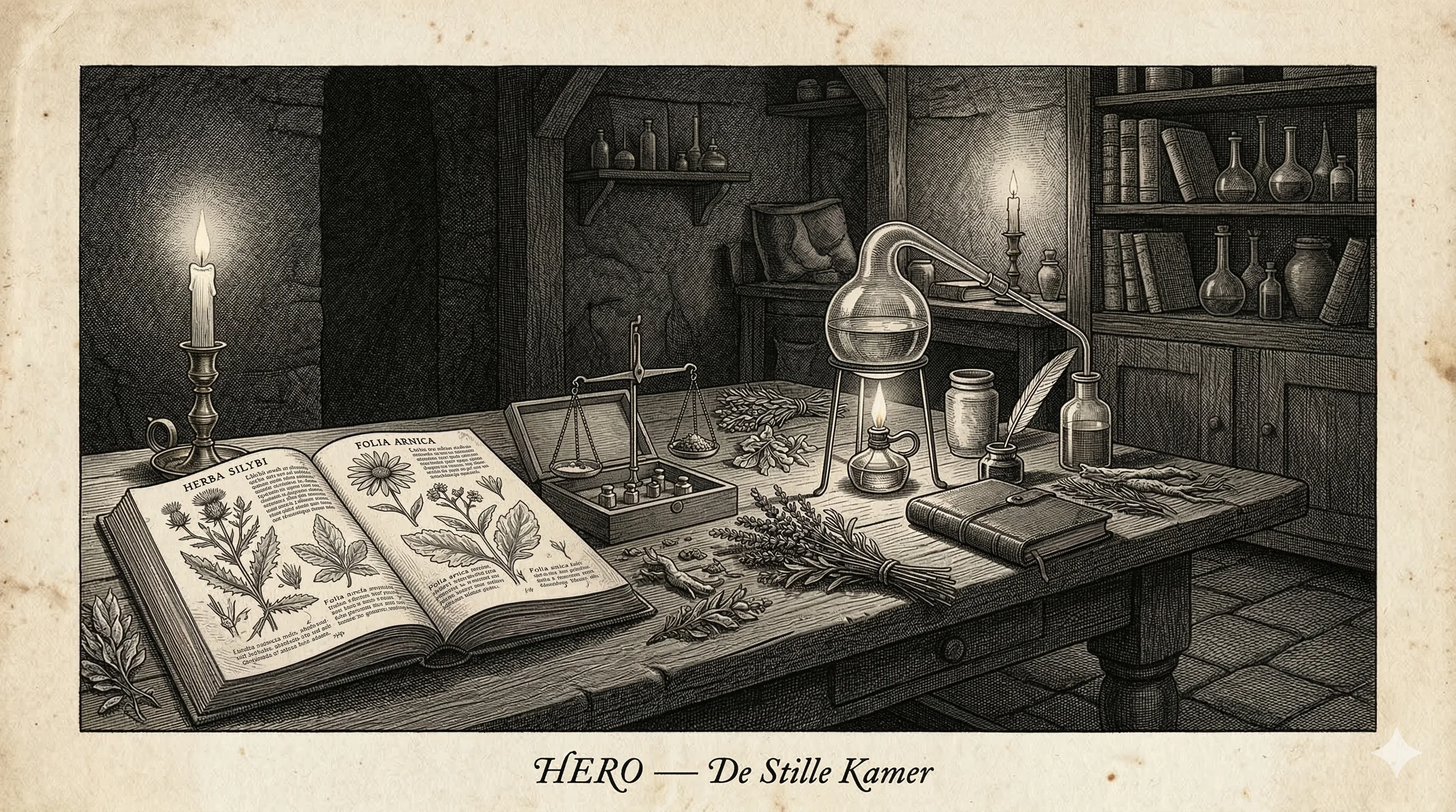 De alchemist in zijn stille kamer — gravure