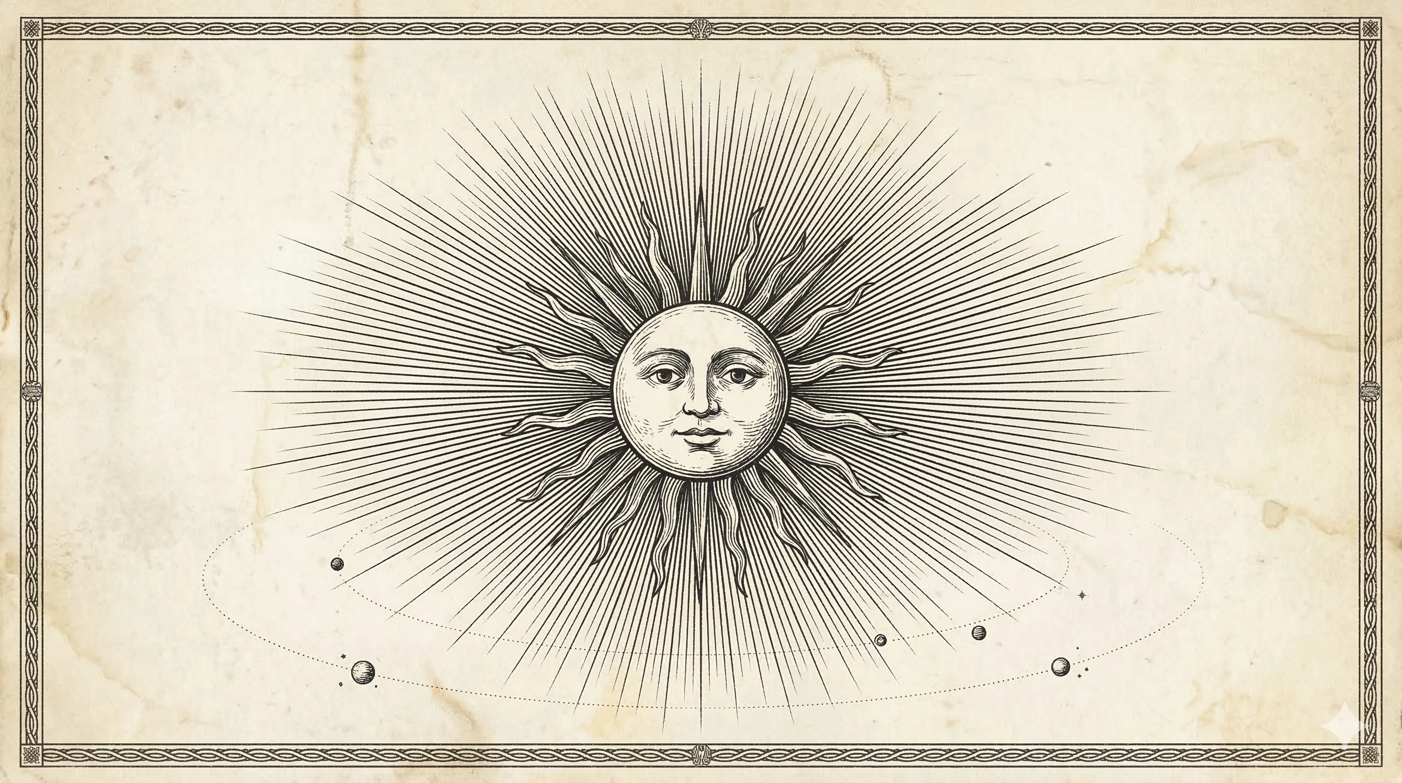 Klassieke astrologie gravure van de Zon — hart, ruggengraat en vitale levenskracht